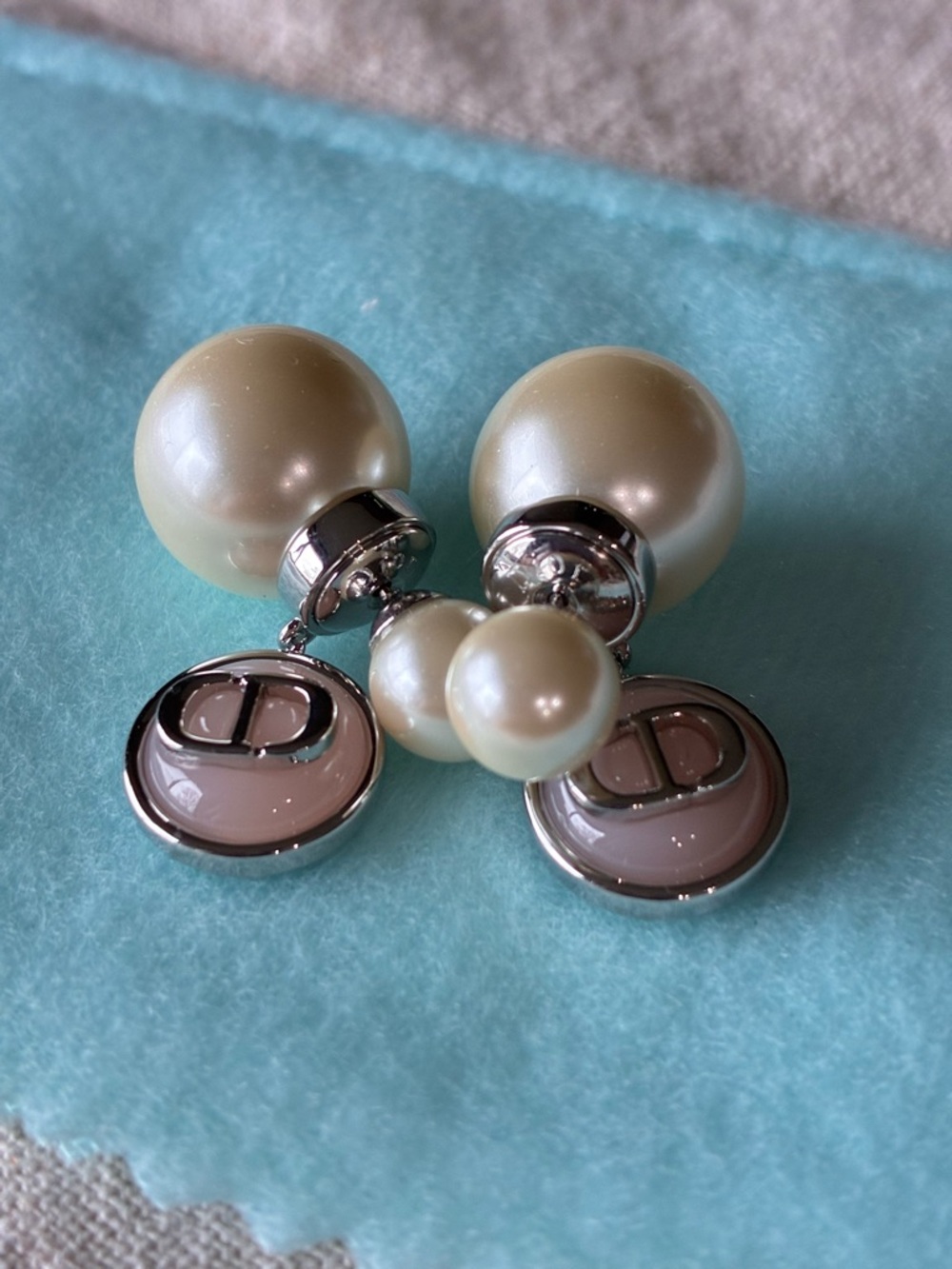 Dior Pearl Double-Sided Earrings with Pink Logo Discs
